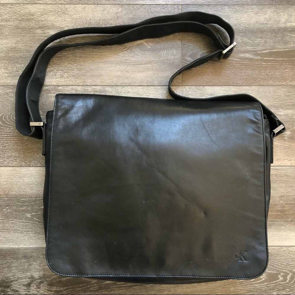 Vintage Calvin Klein Messenger Laptop Bag Large Leather Black